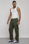Оптом Широкие спортивные брюки трикотажные мужские цвета хаки 12910Kh в Сочи, фото 5