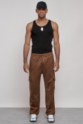 Оптом Спортивные мужские штаны из бархатного трикотажа коричневого цвета 12929K, фото 10