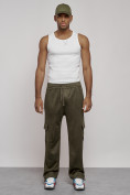 Оптом Спортивные мужские штаны из бархатного трикотажа цвета хаки 12929Kh во Владивостоке