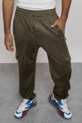 Оптом Спортивные мужские штаны из бархатного трикотажа цвета хаки 12929Kh, фото 25