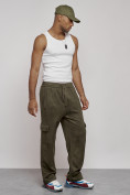 Оптом Спортивные мужские штаны из бархатного трикотажа цвета хаки 12929Kh, фото 3