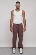 Оптом Широкие спортивные брюки трикотажные мужские коричневого цвета 12932K в Уфе