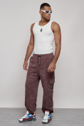 Оптом Широкие спортивные брюки трикотажные мужские коричневого цвета 12932K, фото 2