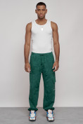 Оптом Широкие спортивные брюки трикотажные мужские зеленого цвета 12932Z, фото 4
