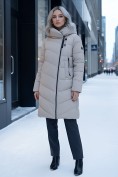 Оптом Пальто зимнее утепленное с капюшоном женское бежевого цвета 1318B, фото 4