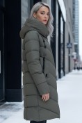Оптом Пальто зимнее утепленное с капюшоном женское цвета хаки 1318Kh, фото 2