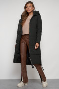Оптом Пальто утепленное с капюшоном зимнее женское темно-зеленого цвета 132132TZ, фото 20