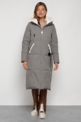 Оптом Пальто утепленное с капюшоном зимнее женское цвета хаки 132227Kh в Перми