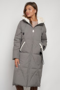 Оптом Пальто утепленное с капюшоном зимнее женское цвета хаки 132227Kh, фото 29