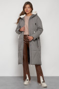 Оптом Пальто утепленное с капюшоном зимнее женское цвета хаки 132227Kh в Волгоградке, фото 5
