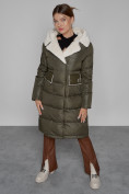 Оптом Пальто утепленное с капюшоном зимнее женское цвета хаки 1322367Kh, фото 9