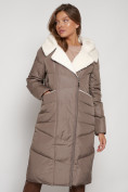 Оптом Пальто утепленное с капюшоном зимнее женское коричневого цвета 132255K, фото 10