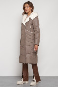 Оптом Пальто утепленное с капюшоном зимнее женское коричневого цвета 132255K, фото 2