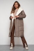 Оптом Пальто утепленное с капюшоном зимнее женское коричневого цвета 132255K, фото 16