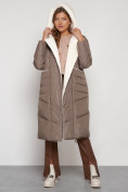 Оптом Пальто утепленное с капюшоном зимнее женское коричневого цвета 132255K, фото 26