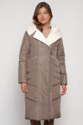 Оптом Пальто утепленное с капюшоном зимнее женское коричневого цвета 132255K, фото 6