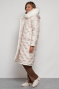 Оптом Пальто утепленное с капюшоном зимнее женское бежевого цвета 132290B, фото 2
