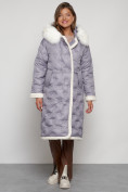 Оптом Пальто утепленное с капюшоном зимнее женское серого цвета 132290Sr в Волгоградке