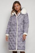 Оптом Пальто утепленное с капюшоном зимнее женское серого цвета 132290Sr в Казани, фото 9