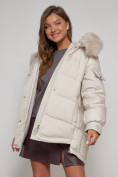 Оптом Куртка зимняя женская модная с мехом бежевого цвета 13301B в Екатеринбурге, фото 20