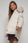 Оптом Куртка зимняя женская модная с мехом бежевого цвета 13301B в Казани, фото 22