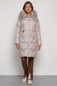 Оптом Пальто утепленное с капюшоном зимнее женское светло-коричневого цвета 13305SK