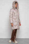 Оптом Пальто утепленное с капюшоном зимнее женское светло-коричневого цвета 13305SK, фото 7