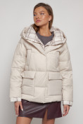 Оптом Зимняя женская куртка модная с капюшоном бежевого цвета 133105B в Казани, фото 5