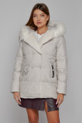Оптом Куртка зимняя женская модная с мехом бежевого цвета 133120B в Казани, фото 8