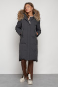 Оптом Пальто утепленное с капюшоном зимнее женское темно-серого цвета 133125TC, фото 4