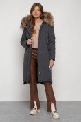 Оптом Пальто утепленное с капюшоном зимнее женское темно-серого цвета 133125TC, фото 6