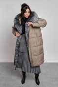 Оптом Пальто утепленное с чернобуркой зимнее женское коричневого цвета 133156K, фото 2