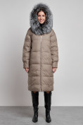 Оптом Пальто утепленное с чернобуркой зимнее женское коричневого цвета 133156K в Омске, фото 9