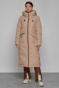 Оптом Пальто утепленное с капюшоном зимнее женское бежевого цвета 133159B в Нижнем Новгороде