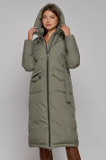 Оптом Пальто утепленное с капюшоном зимнее женское зеленого цвета 133159Z, фото 7