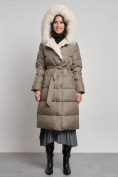 Оптом Пальто утепленное с капюшоном и мехом зимнее женское коричневого цвета 133203K, фото 6