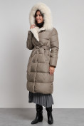 Оптом Пальто утепленное с капюшоном и мехом зимнее женское коричневого цвета 133203K, фото 7