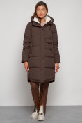 Оптом Пальто утепленное с капюшоном зимнее женское коричневого цвета 133208K