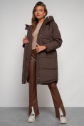 Оптом Пальто утепленное с капюшоном зимнее женское коричневого цвета 133208K, фото 16