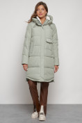 Оптом Пальто утепленное с капюшоном зимнее женское светло-зеленого цвета 133208ZS в Уфе
