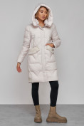 Оптом Пальто утепленное с капюшоном зимнее женское бежевого цвета 13332B в Омске, фото 8