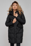 Оптом Пальто утепленное с капюшоном зимнее женское черного цвета 13332Ch в Перми, фото 10
