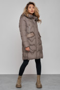 Оптом Пальто утепленное с капюшоном зимнее женское коричневого цвета 13332K, фото 2