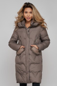 Оптом Пальто утепленное с капюшоном зимнее женское коричневого цвета 13332K, фото 4