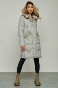 Оптом Пальто утепленное с капюшоном зимнее женское серого цвета 13332Sr во Владивостоке, фото 2
