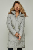 Оптом Пальто утепленное с капюшоном зимнее женское серого цвета 13332Sr в Челябинске, фото 7