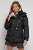 Оптом Куртка зимняя женская модная с капюшоном черного цвета 13338Ch в Казани, фото 20