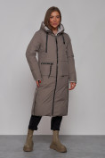Оптом Пальто утепленное двухстороннее женское коричневого цвета 13343K в Нижнем Новгороде, фото 3
