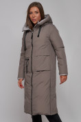 Оптом Пальто утепленное двухстороннее женское коричневого цвета 13343K, фото 8
