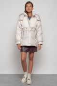 Оптом Куртка зимняя женская модная из овчины бежевого цвета 13350B в Казани